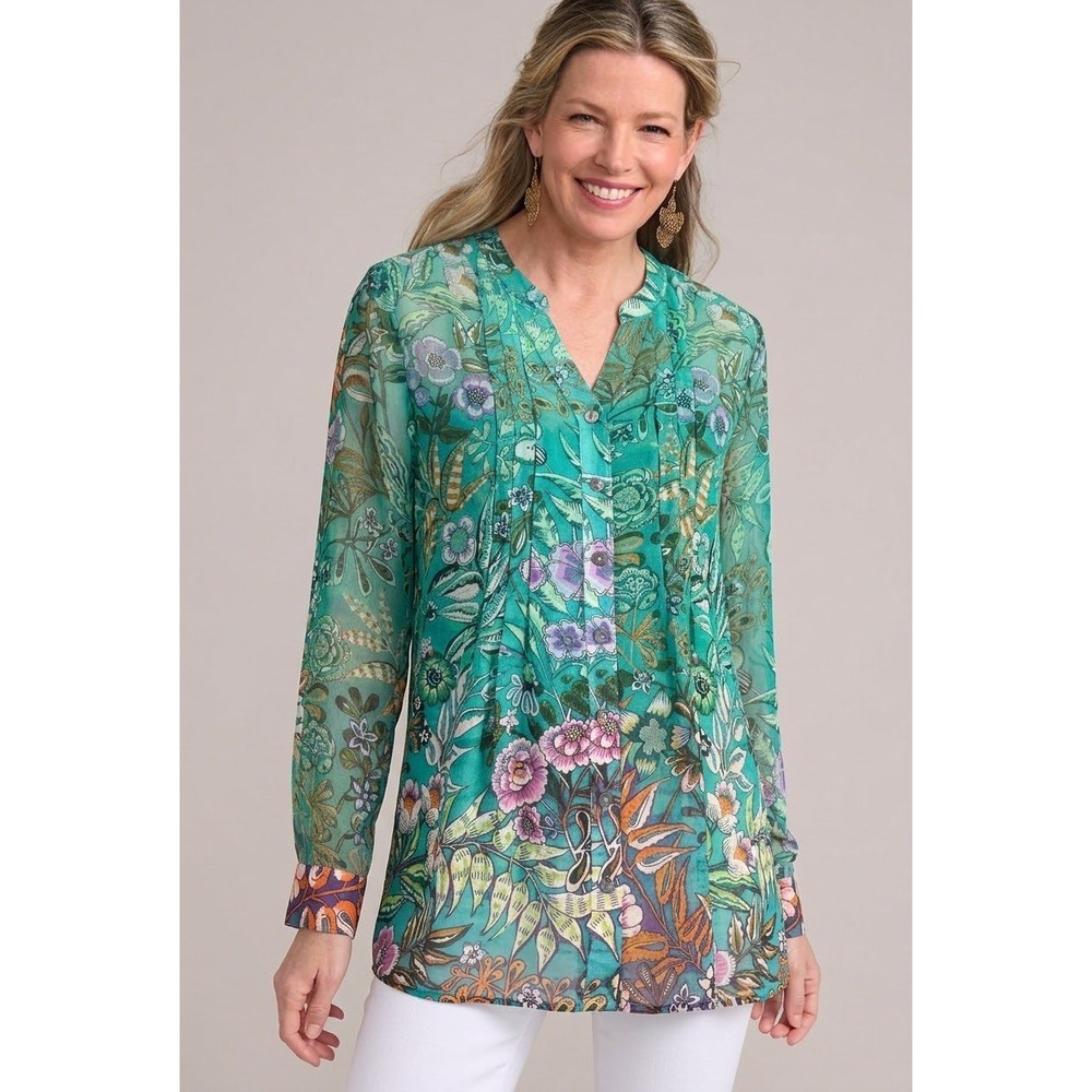Soft Surroundings Tunic Tank S Luau Garden Floral Sheer Pintuck Boho Garden Art